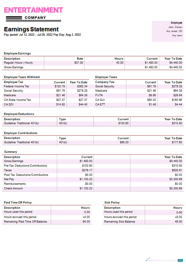 Download Entertainment company paystub template in Word and PDF formats Photoshop template